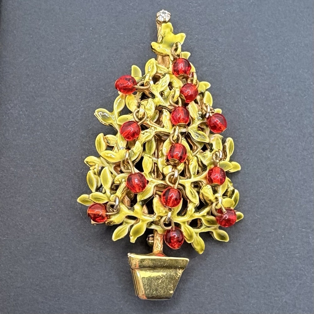 Original by Robert‎ Vintage Christmas Tree Brooch Red Dangle Ornaments Gold Tone